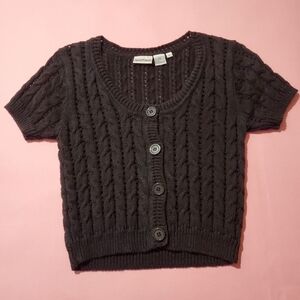 Vintage 1990 90s Short Sleeve Black Knit Sweater Button Up Down